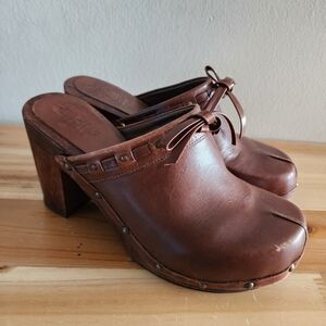 American Eagle Women's Clogs 7.5 Brown Leather Stud Tie Wooden Chuncky H